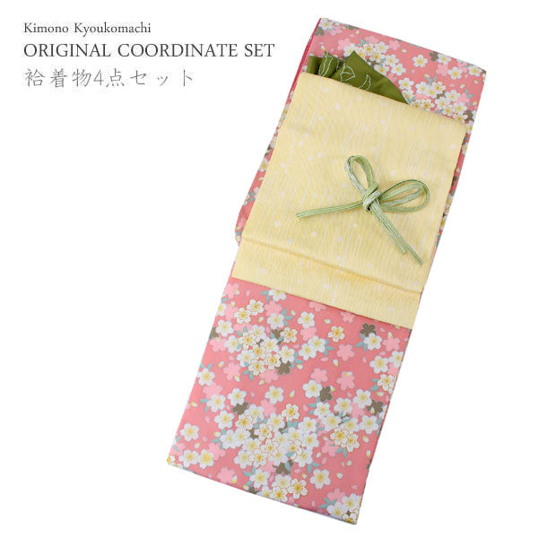 Washable Awase Kimono, Nagoya Obi, Pure Silk Obiage, Pure Silk Obijime, 4 piece set, Women, Pink, Sakura, Free size