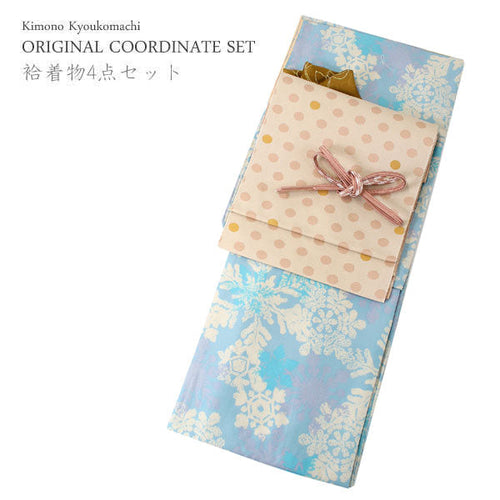 Washable Awase Kimono, Nagoya Obi, Pure Silk Obiage, Pure Silk Obijime, 4 piece set, Women, Light blue, snowflake, free size