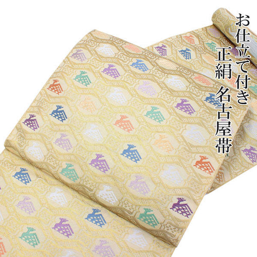 Women Silk Nagoya Obi Belt With Tailoring - Golden Nishijin Brocade,Rokutsugara Pattern-