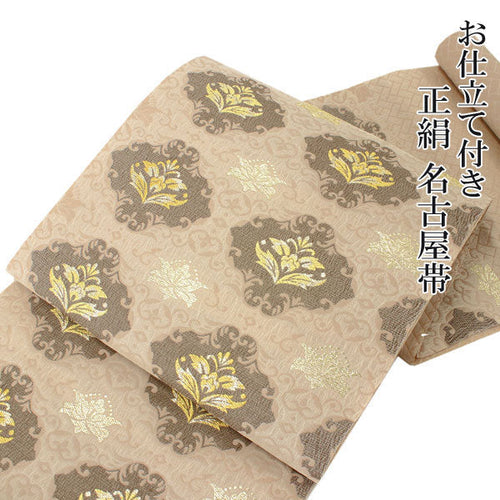 Women Silk Nagoya Obi Belt With Tailoring - Pink Beige Nishijin Brocade,Rokutsugara Pattern-