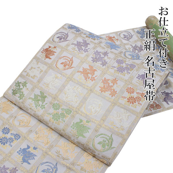 Women Silk Nagoya Obi Belt With Tailoring - Light Gray Nishijin Brocade,Flower and Birds Rokutsugara Pattern-