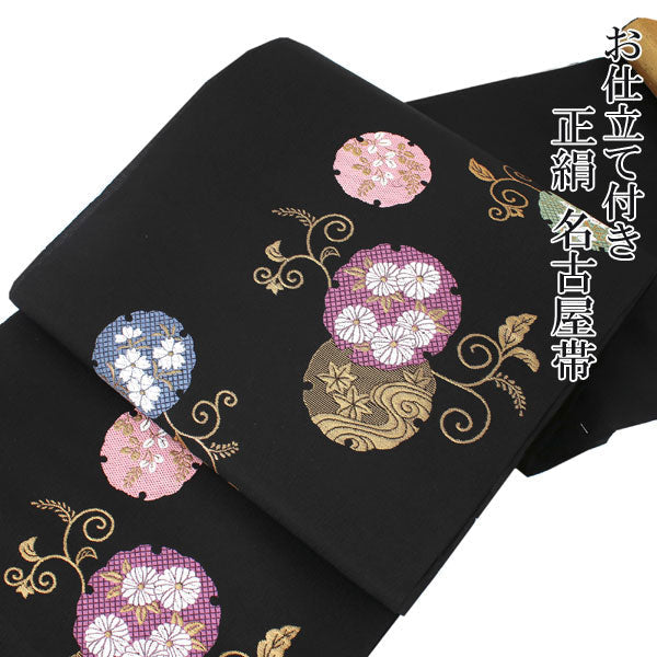 Women Silk Nagoya Obi Belt With Tailoring - Black Nishijin Brocade,Snowflakes Rokutsugara Pattern-