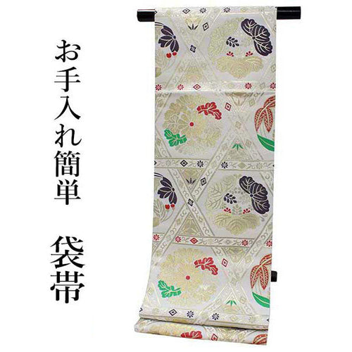 Women's Tailored Washable Polyester Fukuro Obi Belt - Light Beige, Flower Pattern-