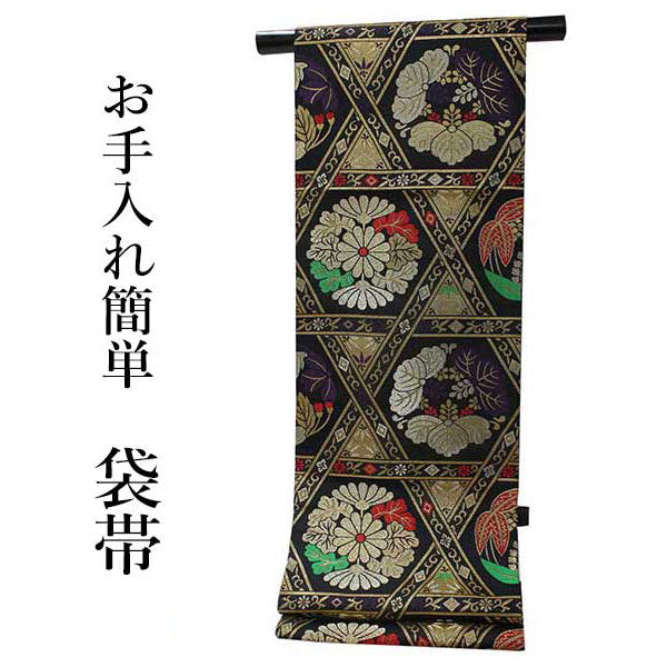 Women's Tailored Washable Polyester Fukuro Obi Belt - Black ,Gold Line and Flowers Pattern-