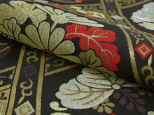 將圖片載入圖庫檢視器 Women&#39;s Tailored Washable Polyester Fukuro Obi Belt - Black ,Gold Line and Flowers Pattern-
