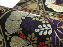 画像をギャラリービューアに読み込む, Women&#39;s Tailored Washable Polyester Fukuro Obi Belt - Black ,Gold Line and Flowers Pattern-
