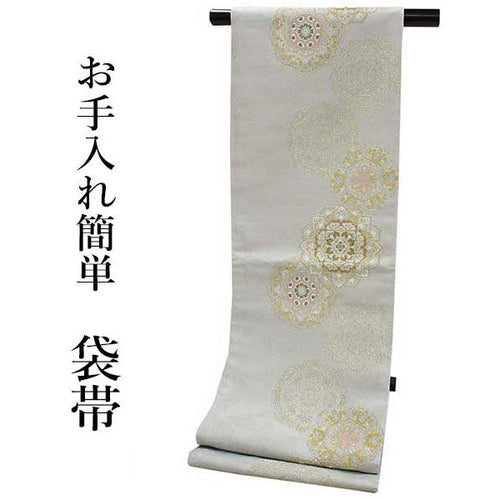 Women's Tailored Washable Polyester Fukuro Obi Belt - Light Gray,Gold Flowers Pattern-