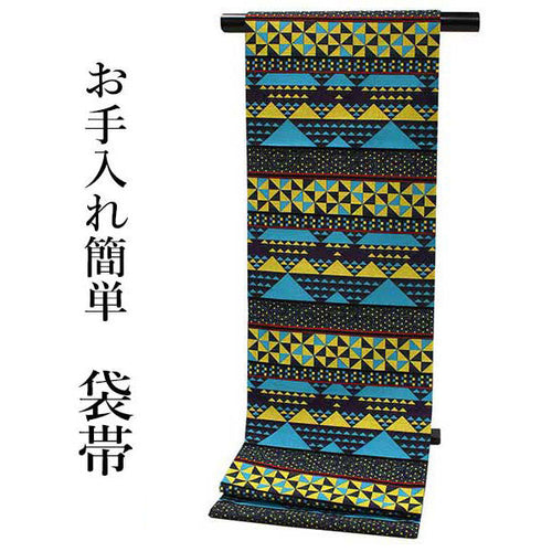 Women's Tailored Washable Polyester Fukuro Obi Belt - Navy,Geometrical Pattern with vivid blue,yellow-