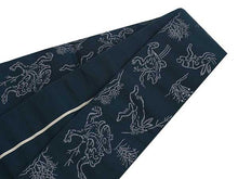 画像をギャラリービューアに読み込む, Men&#39;s Reversible Silk HAKATA-Ori KAKU Obi Belt - Dark Green, Gray Chōjū-giga/Beige Straight Line Pattern-
