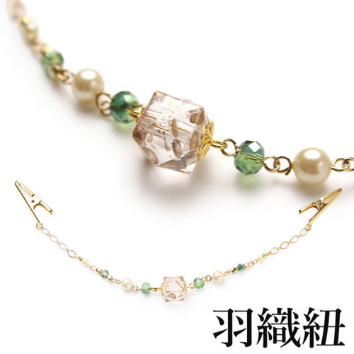 Women's haori string, green polygonal beads pearl beads  clip-on
