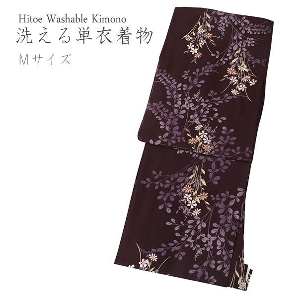 Women's Hitoe Unlined Kimono Red purple bush clover and flower