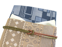 將圖片載入圖庫檢視器 Women&#39;s washable Lined Kimono Coordinate Set of 4 Items L size -bluish gray kimono &amp; Khaki beige geometric &amp; flower pattern nagoya obi and light green obiage &amp; matcha green obijime
