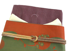 將圖片載入圖庫檢視器 Women&#39;s washable Lined Kimono Coordinate Set of 4 Items M size Red &amp; Black stripe pattern kimono &amp; Dark green Sakura pattern nagoya obi and Dark yellow-green obiage &amp; obijime
