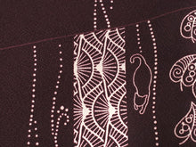 將圖片載入圖庫檢視器 Women&#39;s washable Lined Kimono Coordinate Set of 4 Items M size dark brown cat pattern kimono and Dark purple geometric pattern nagoya obi and Cream obiage &amp; mustard obijime
