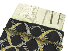 將圖片載入圖庫檢視器 Women&#39;s washable Lined Kimono Coordinate Set of 4 Items M size -tannish match green wavy stripe kimono &amp; Black curve nagoya obi and green obiage &amp; obijime

