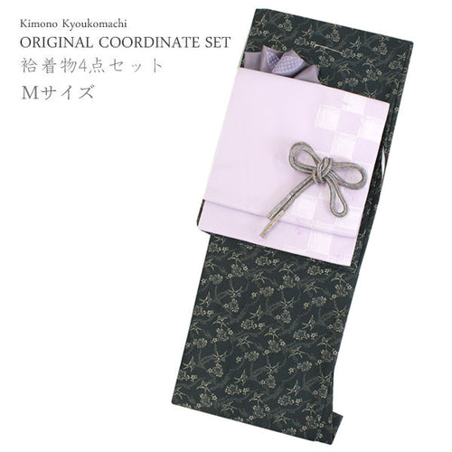 Women's washable Lined Kimono Coordinate Set of 4 Items M size -Moss Green Swallows kimono & Light purple lattice nagoya obi and ash purple obiage & obijime 