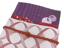將圖片載入圖庫檢視器 Women&#39;s washable Lined Kimono Coordinate Set of 4 Items M size -Dark purple snow flake kimono &amp; Red curved line nagoya obi and Dark red obiage &amp; obijime
