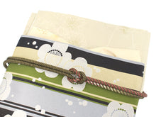 將圖片載入圖庫檢視器 Women&#39;s washable Lined Kimono Coordinate Set of 4 Items L size -Light yellowish green flower kimono &amp; Green flower pattern nagoya obi and Yellow obiage &amp; obijime
