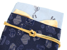画像をギャラリービューアに読み込む, Women&#39;s washable Lined Kimono Coordinate Set of 4 Items L size -Light blue gourd kimono &amp; Navy blue obi pattern nagoya obi and Yellow pure silk obiage &amp; obijime, Misuzu Uta
