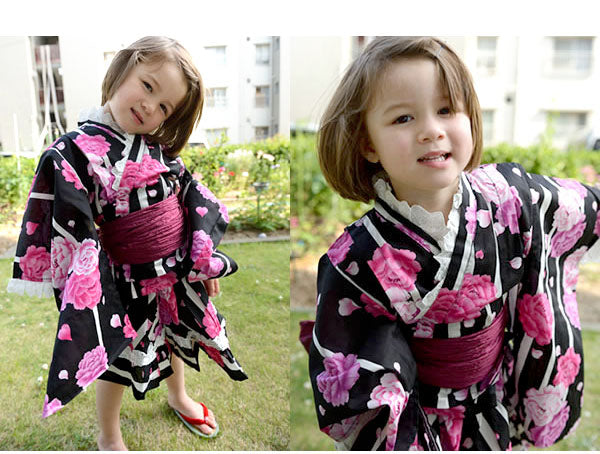 Girl's Yukata Top Bottom Separate Type: Japanese Traditional Clothes -  Black Peony【height: 85-105 cm】