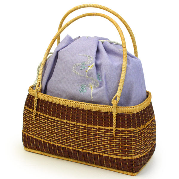 Bamboo Basket Bag - Landscape Hemp drawstring, wisteria Purple ayu, embroidery, separate