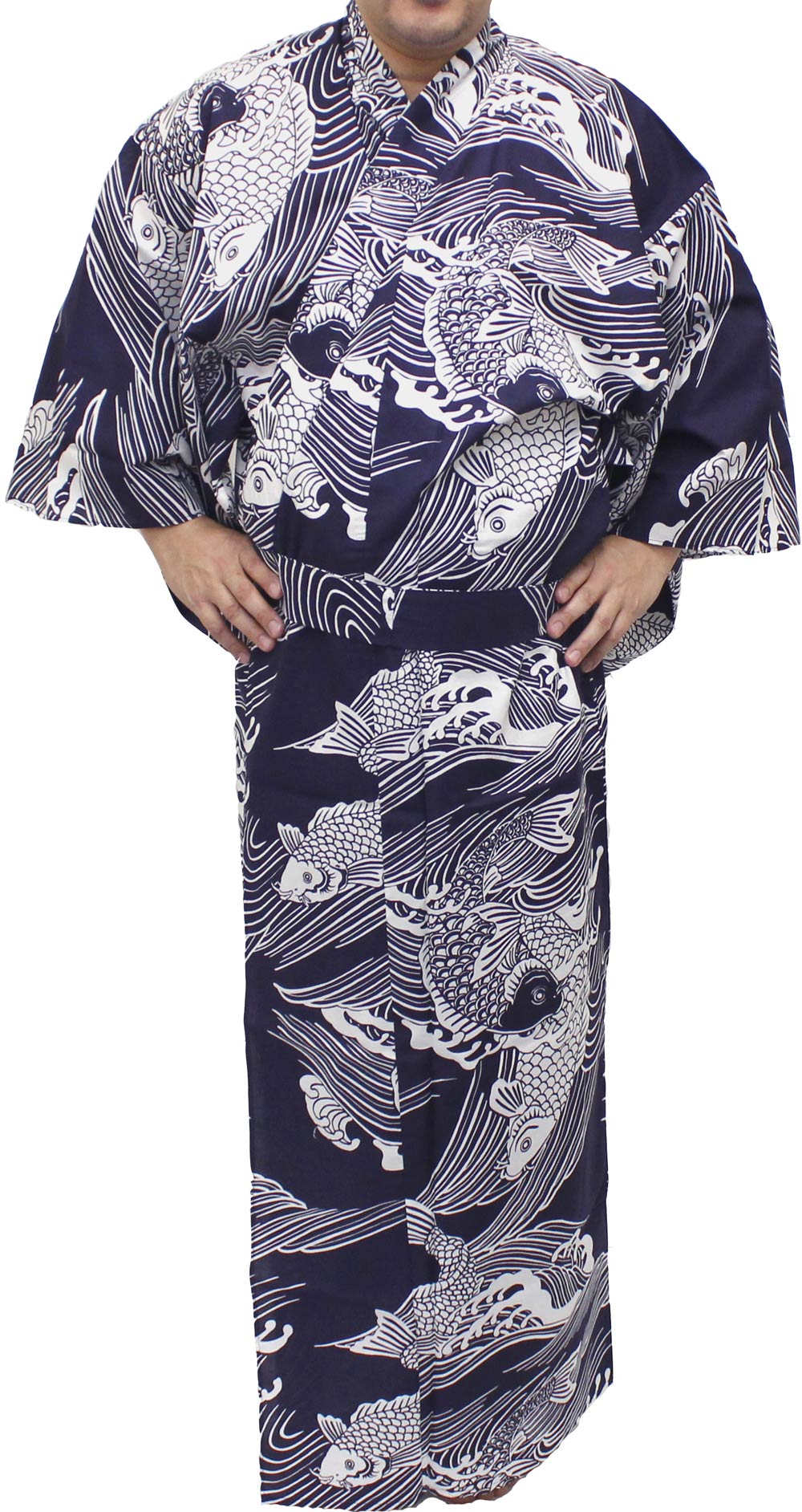 Men's Easy Yukata / Kimono Robe : Japanese Traditional Clothes - Robe Koi Fish Navy