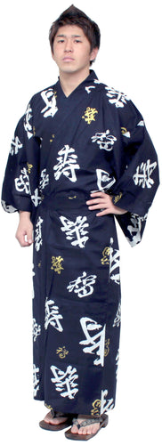Men's Easy Yukata / Kimono Robe : Japanese Traditional Clothes - Robe Happy Longevity Navy