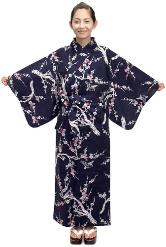 Women's Easy Yukata / Kimono Robe :  Japanese Traditional Clothes - Japanese Plum Navy