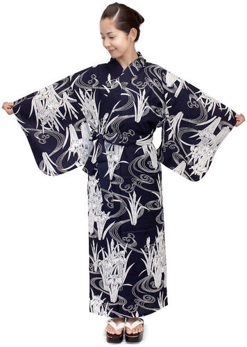 Women's Easy Yukata / Kimono Robe :  Japanese Traditional Clothes - Iris & Flowing Water Navy