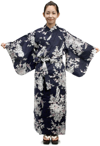 Women's Easy Yukata / Kimono Robe :  Japanese Traditional Clothes - Peony & Beauty Navy