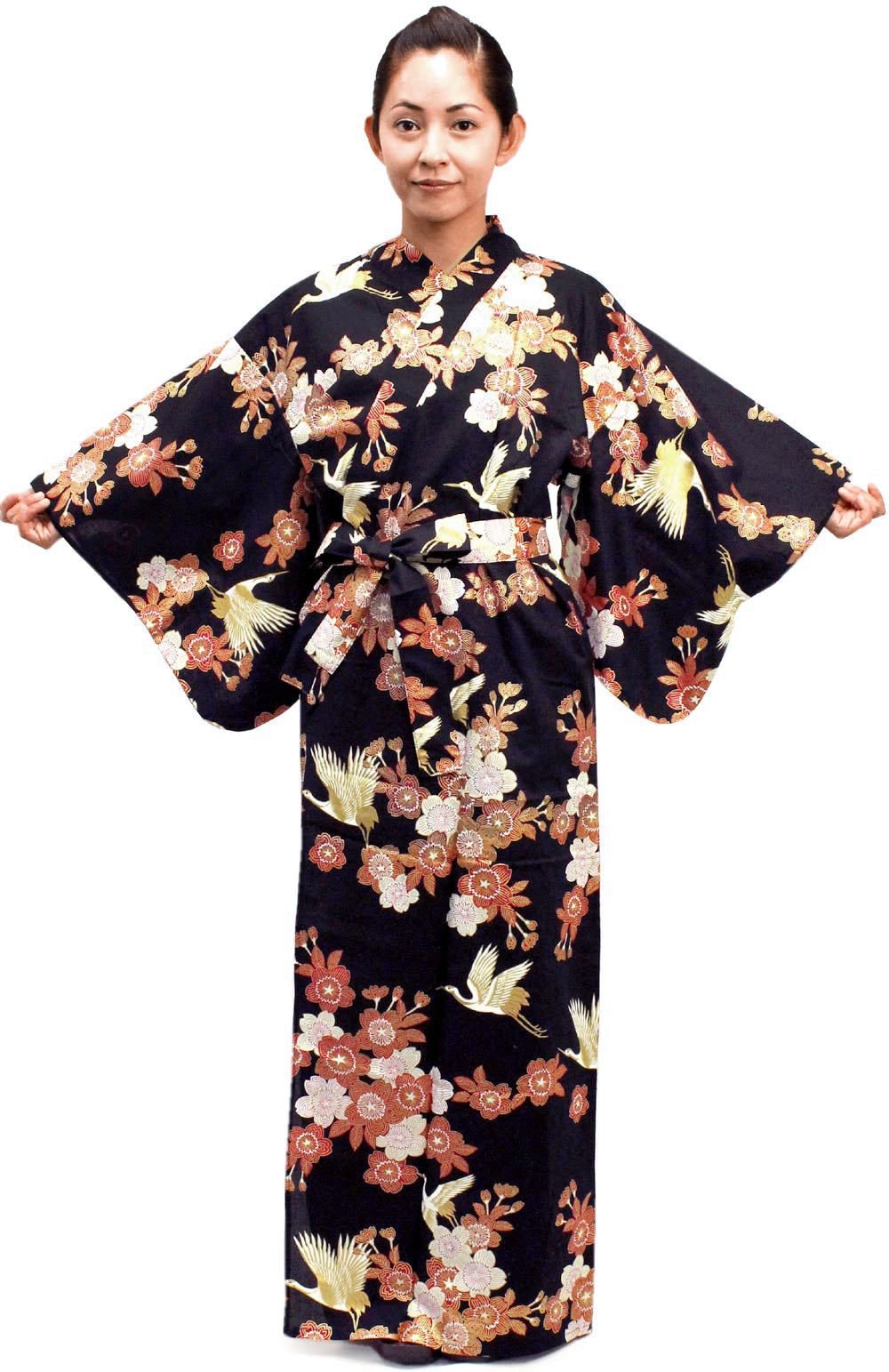 Women's Easy Yukata / Kimono Robe : Japanese Traditional Clothes - Cherry Blossoms & Crane Black