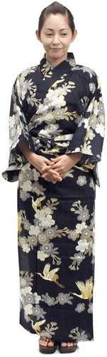 Women's Easy Yukata / Kimono Robe : Japanese Traditional Clothes - Cherry Blossoms & Crane Navy