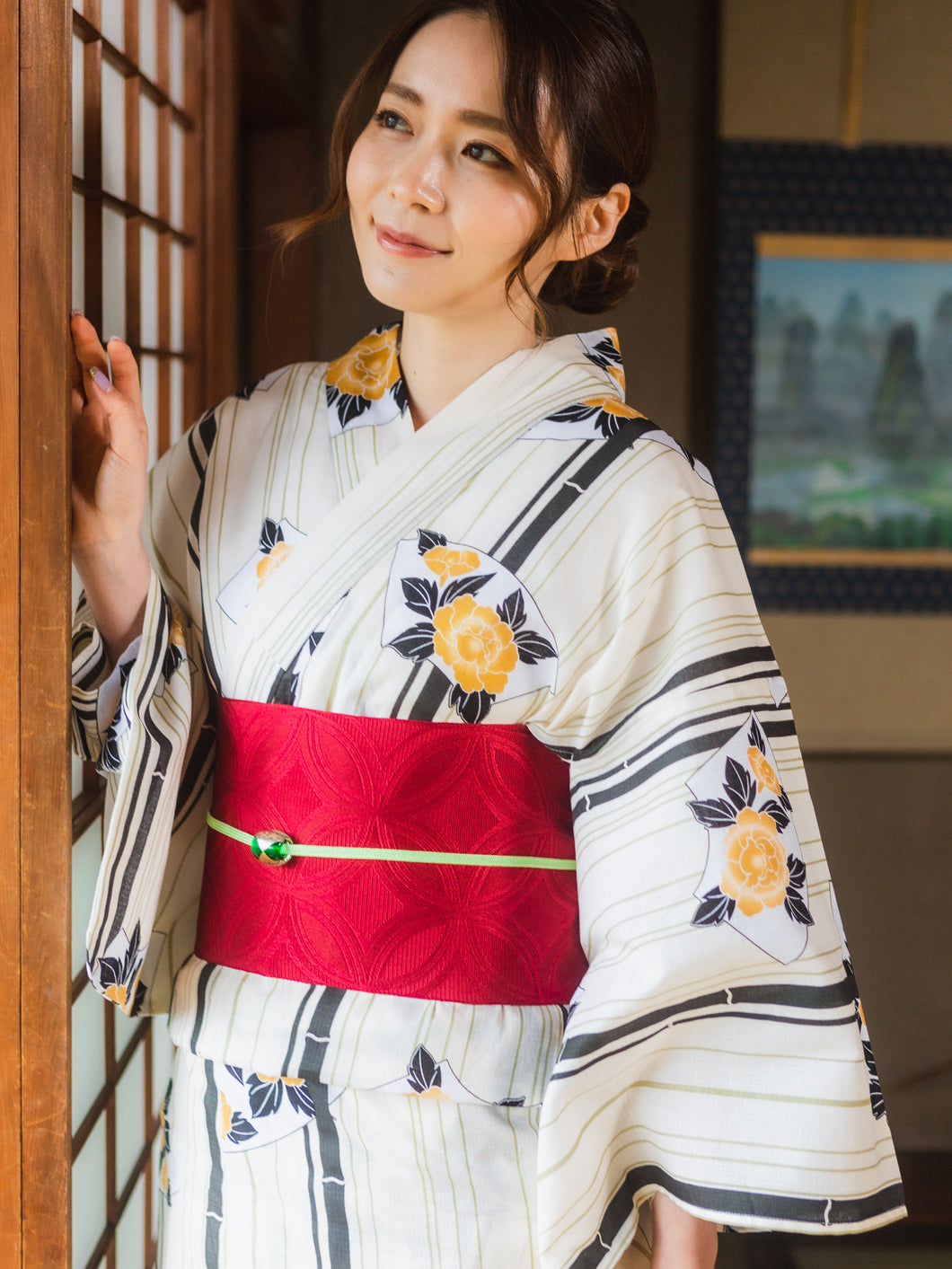 Women's Cotton Yukata : Japanese Traditional Clothes - Ivory Ougi Fan Peony Stripes
