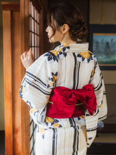 画像をギャラリービューアに読み込む, Women&#39;s Cotton Yukata : Japanese Traditional Clothes - Ivory Ougi Fan Peony Stripes
