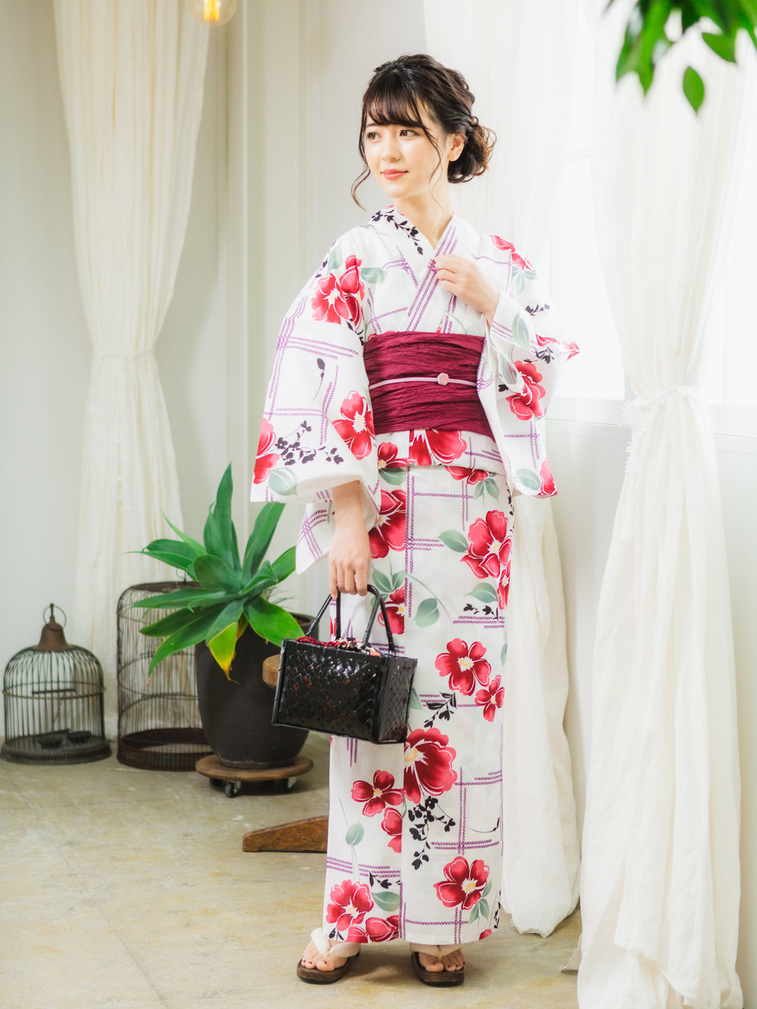 Women's Cotton Yukata : Japanese Traditional Clothes - Off-White Sakura Grid Ropes