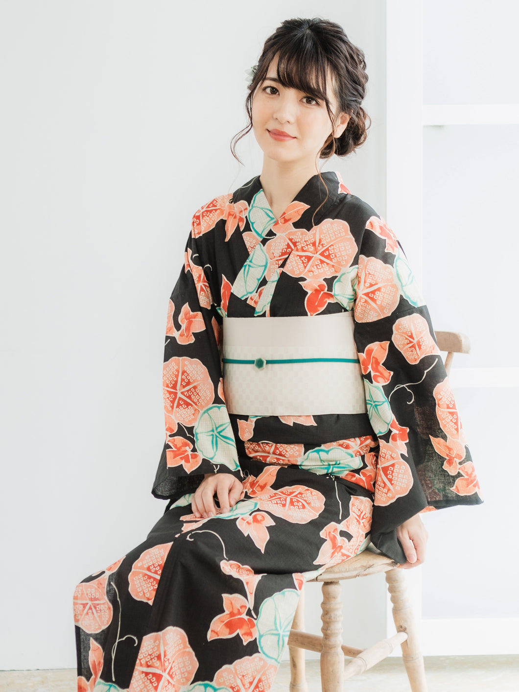 Women's Hemp Cotton Yukata : Japanese Traditional Clothes - Black Mornig glory