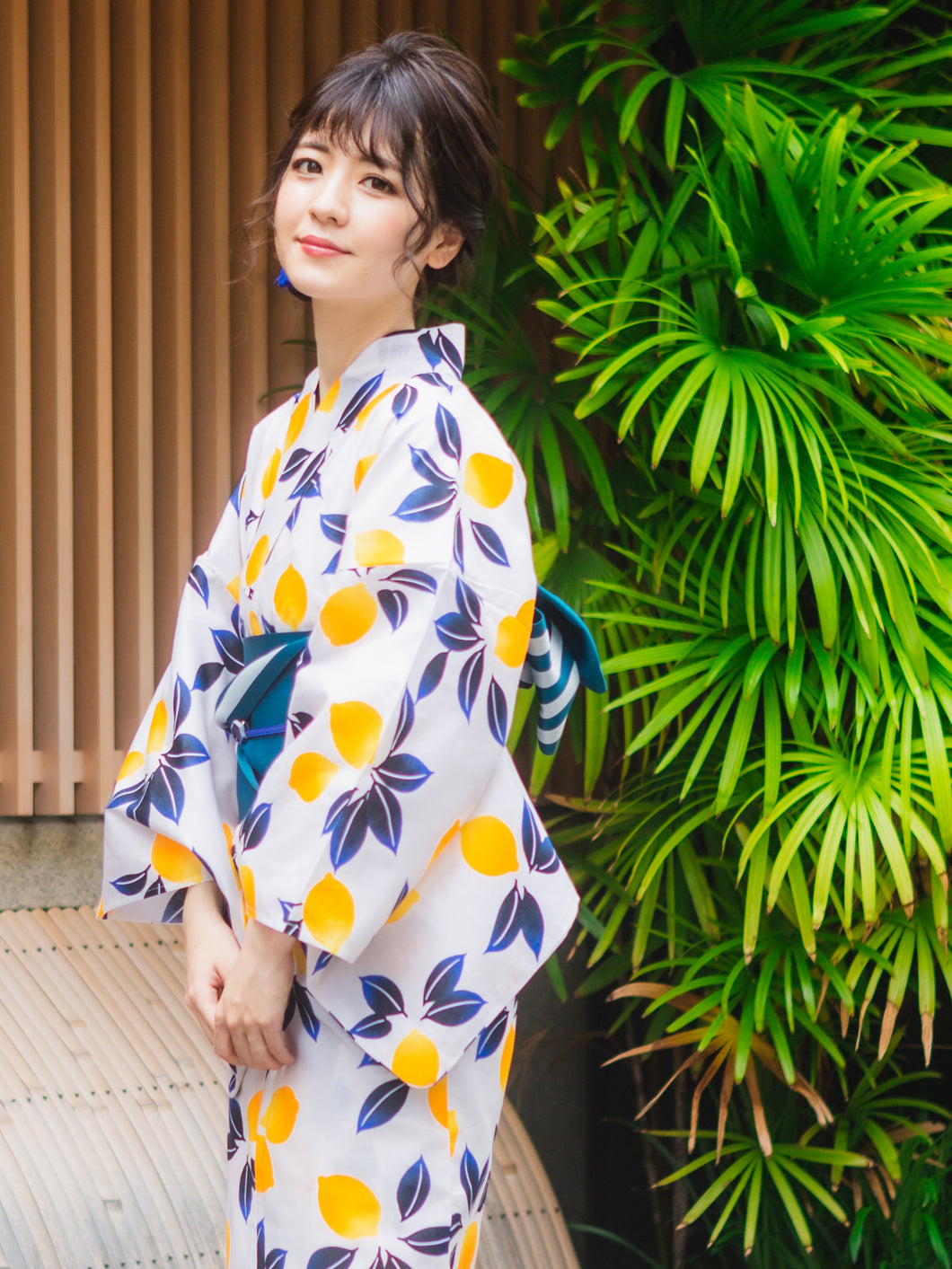 Ladies cotton yukata : Japanese Traditional Clothes - off white lemon