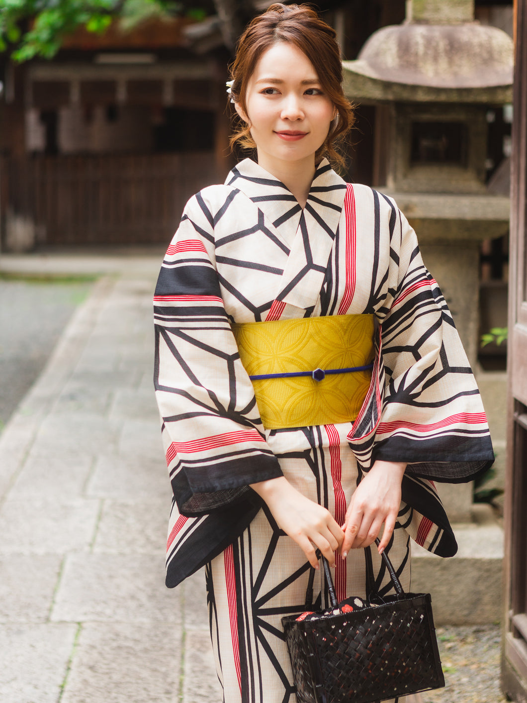 Women's Hemp Cotton Yukata : Japanese Traditional Clothes - Ivory Asanoha Stripes