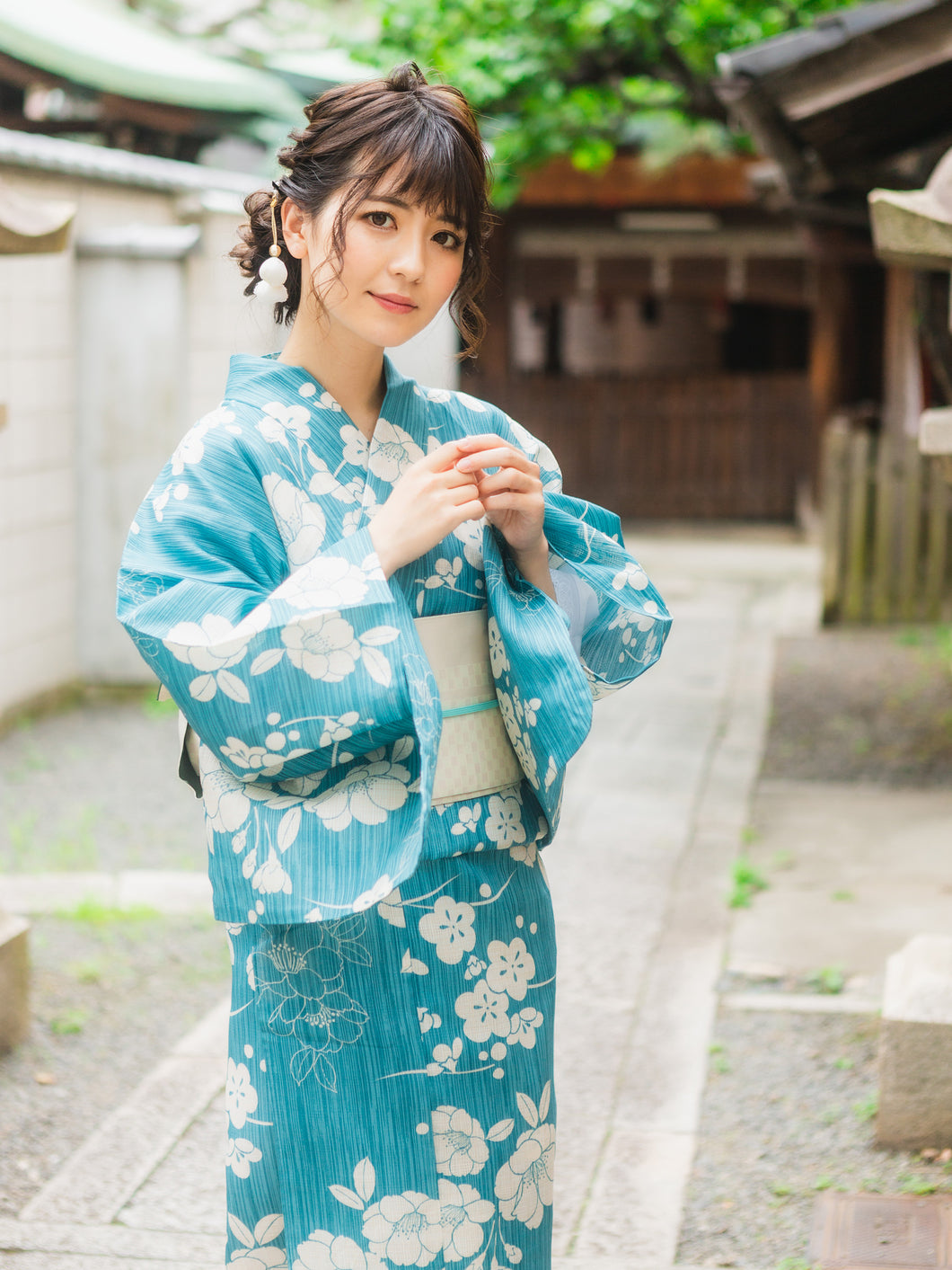 Ladies' Cotton Hemp Yukata : Japanese Traditional Clothes  - Blue Plum Cherry Blossom