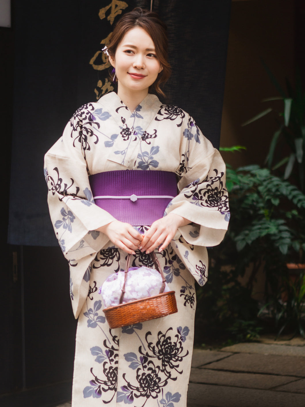 Women's Hemp Cotton Yukata : Japanese Traditional Clothes - Ivory Mum