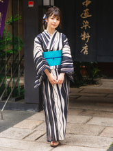 Load image into Gallery viewer, Women&#39;s Hemp Cotton Yukata : Japanese Traditional Clothes - Black x Ivory Wave Stripes
