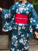 画像をギャラリービューアに読み込む, Women&#39;s Hemp Cotton Yukata : Japanese Traditional Clothes - Blue Green Camellia

