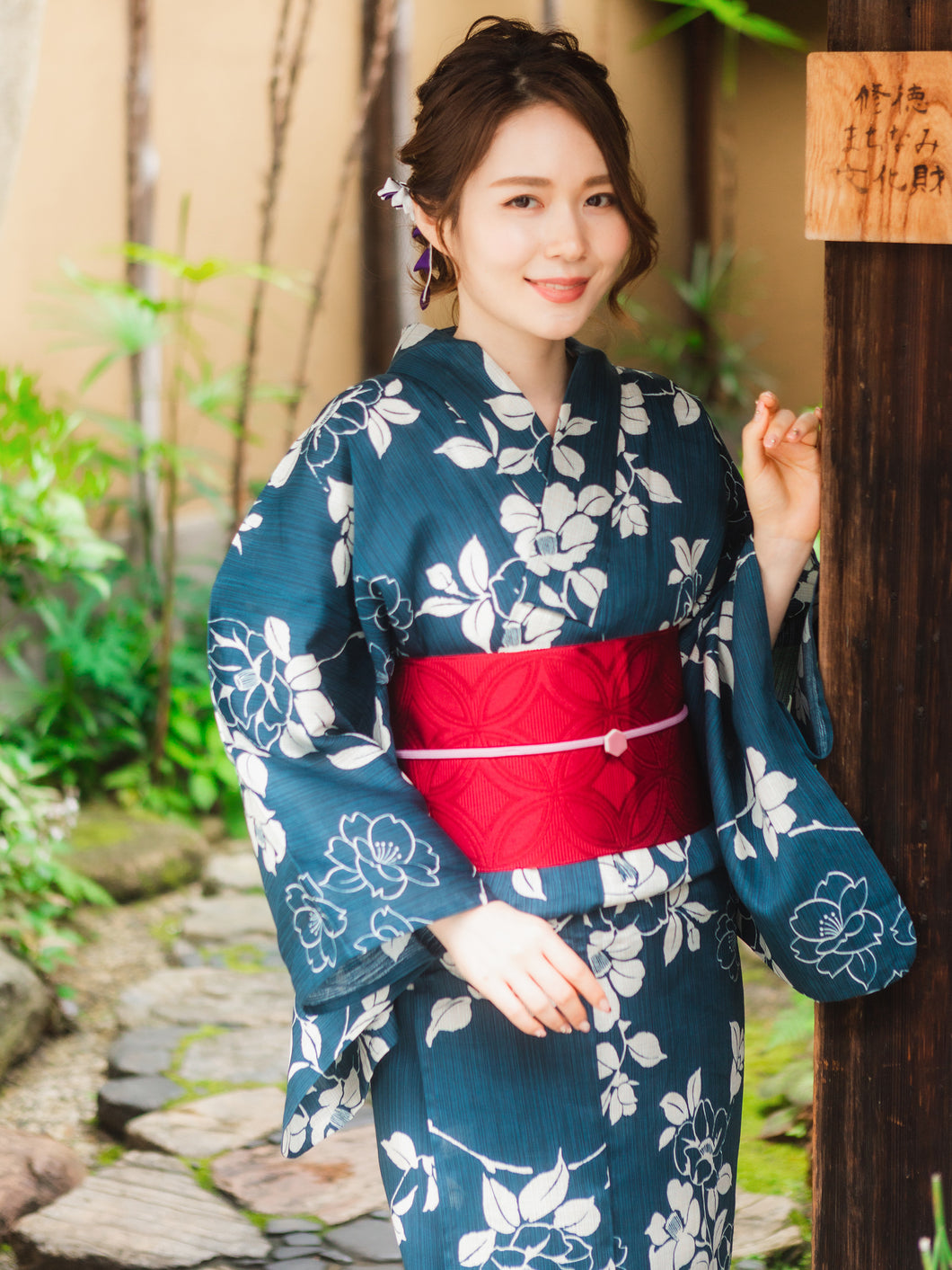 Women's Hemp Cotton Yukata : Japanese Traditional Clothes - Blue Green Camellia
