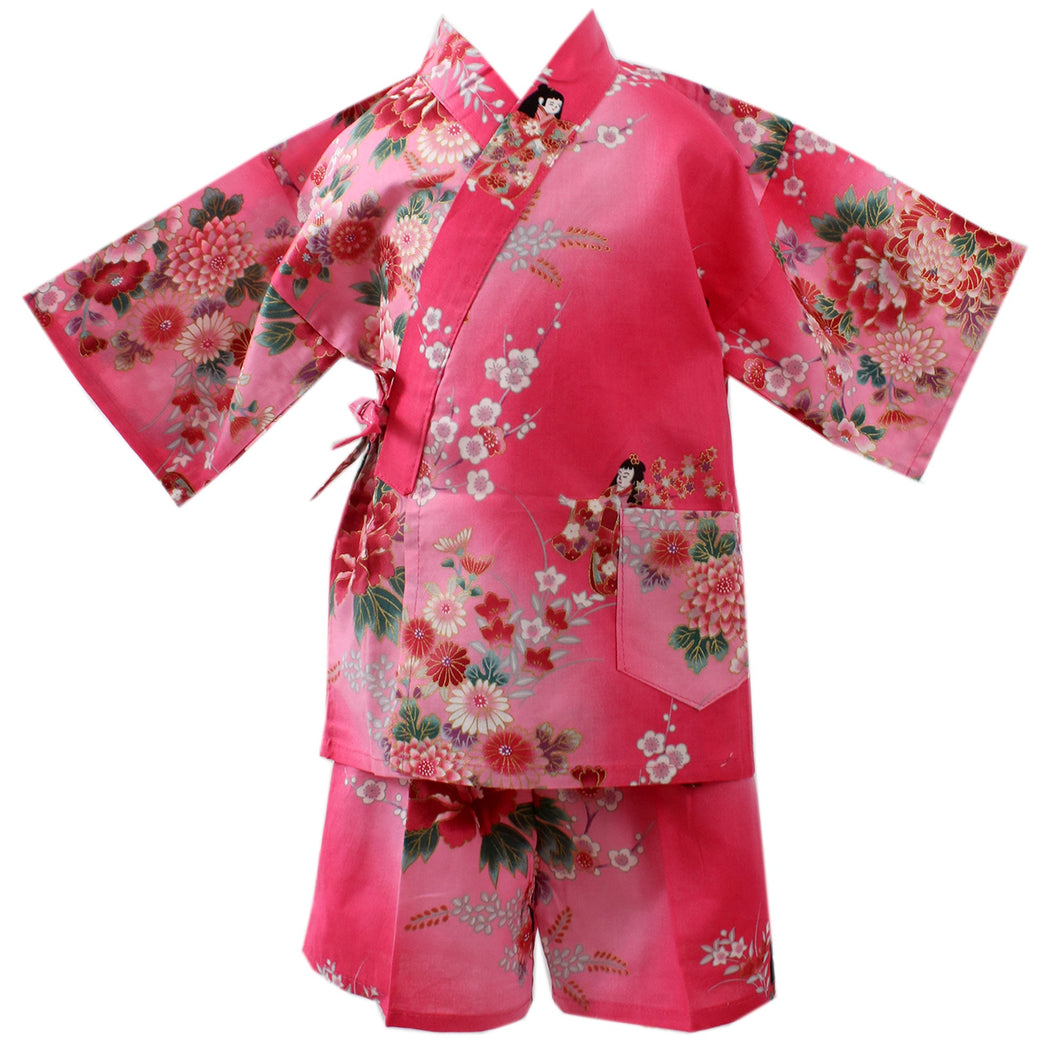 Girl's Kids Jinbei Yukata Robe Kimono for Summer- Dolls in Color Gradation Pink