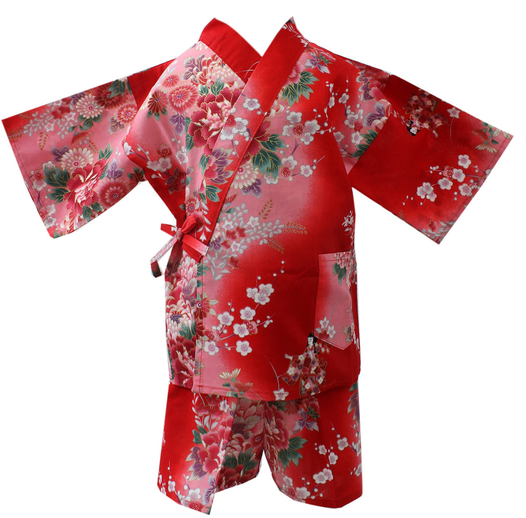 Girl's Kids Jinbei Yukata Robe Kimono for Summer- Dolls in Color Gradation Red