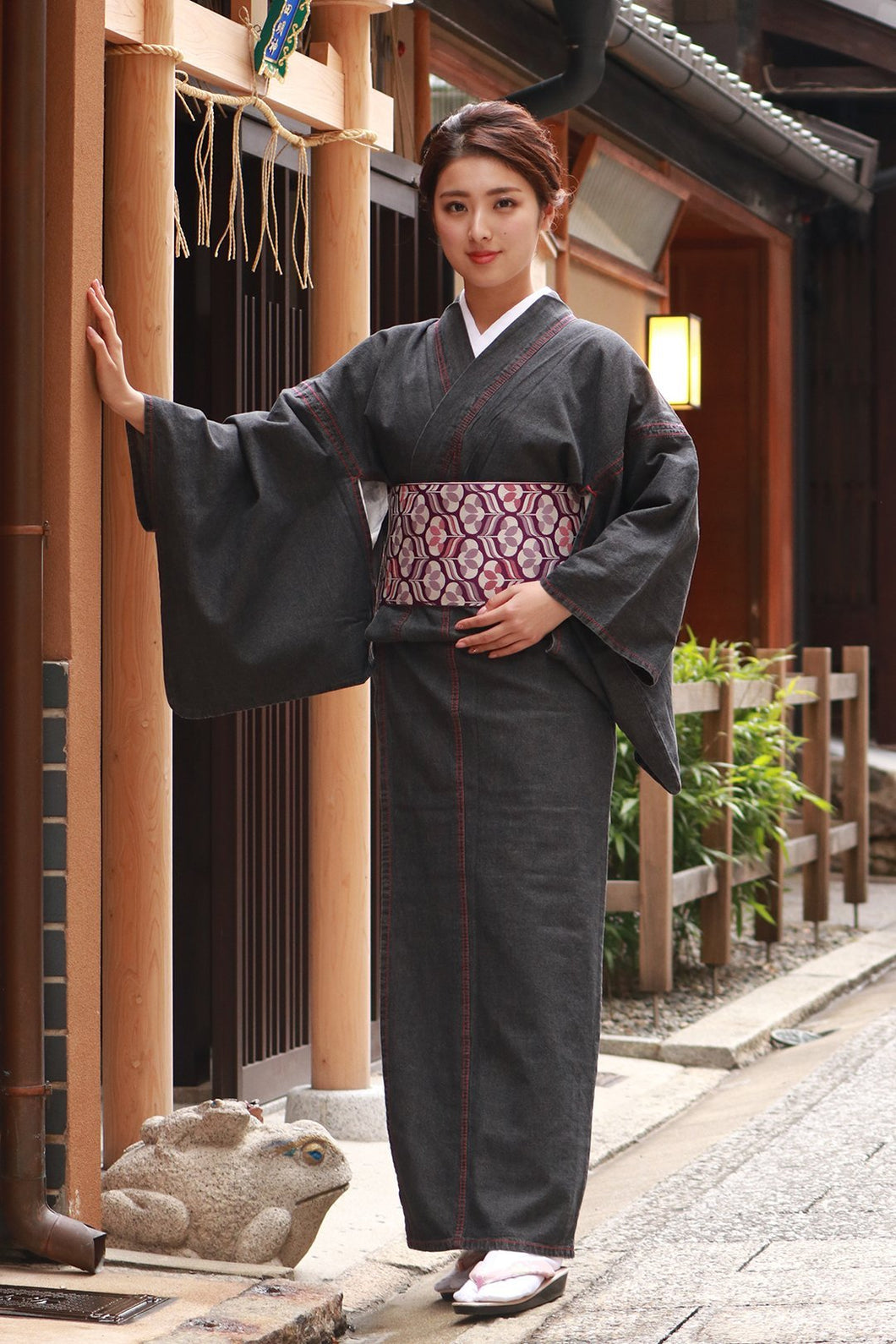 Women's Unlined Denim Kimono Black with Red Stitches: Japanese Traditional Clothes
