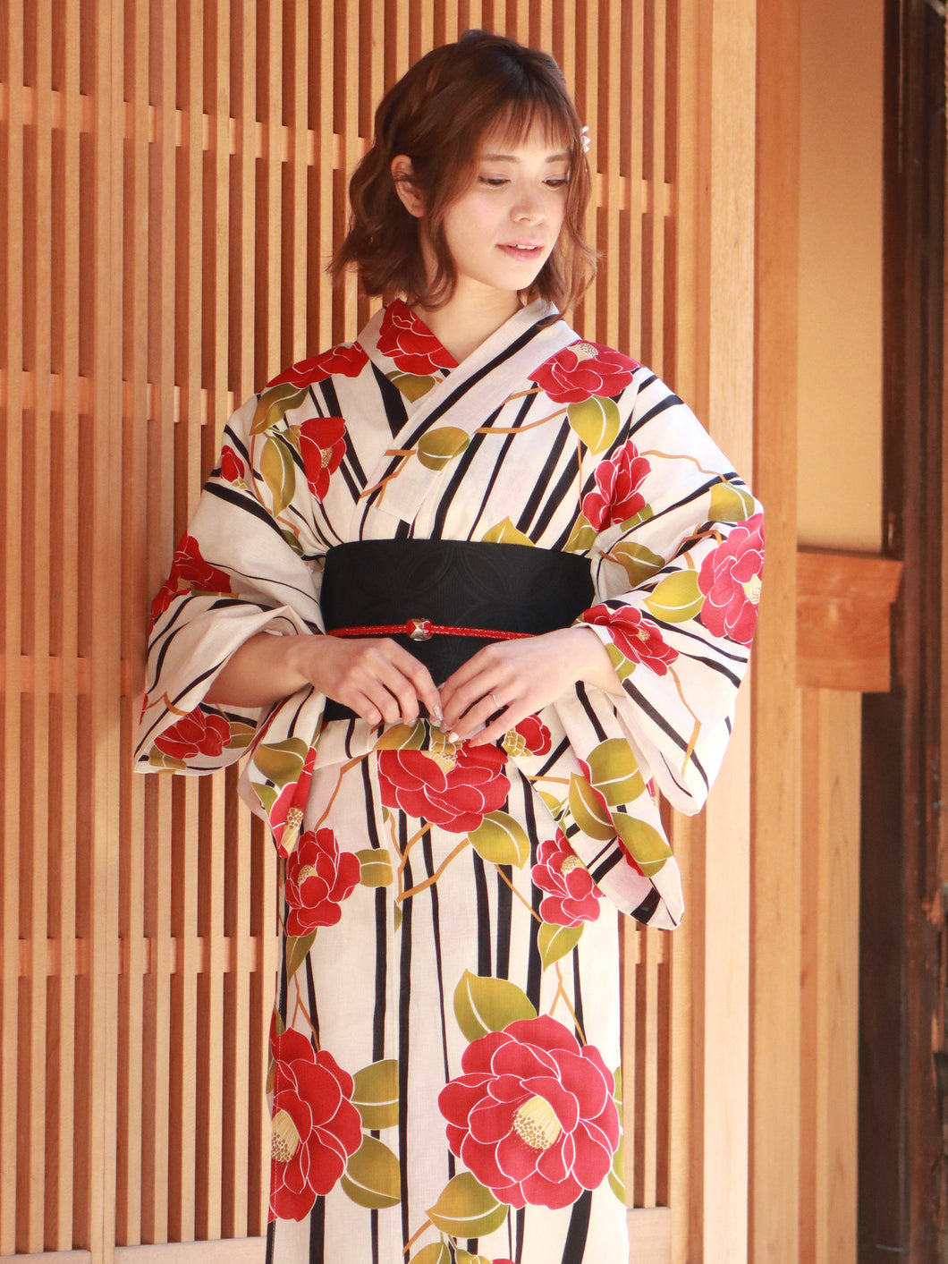 Ladies' Cotton Yukata : Japanese Traditional Clothes - Light Beige Stripe Camellia