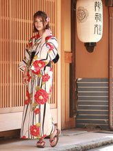 將圖片載入圖庫檢視器 Ladies&#39; Cotton Yukata : Japanese Traditional Clothes - Light Beige Stripe Camellia
