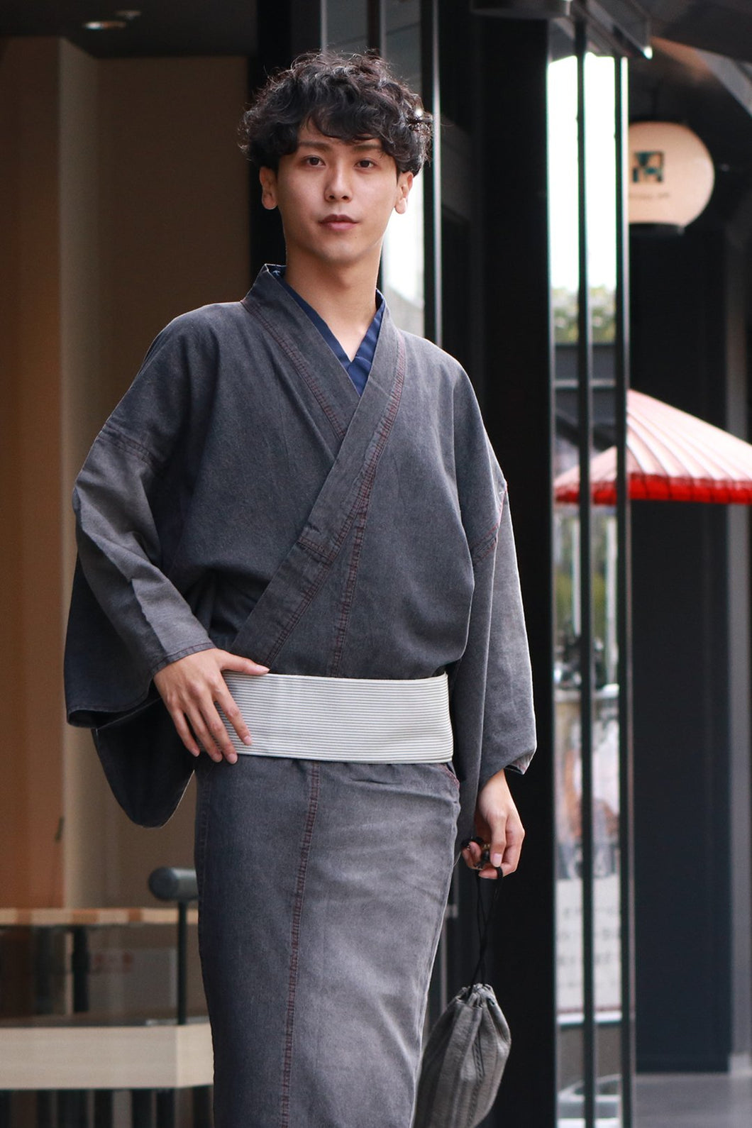 Men's Damaged Denim Unlined Kimono with Pockets Black: Japanese Traditional Clothes