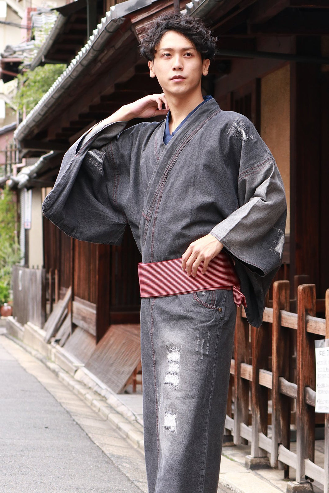 Men's Crush Damage Denim Unlined Kimono with Pockets Black: Japanese Traditional Clothes